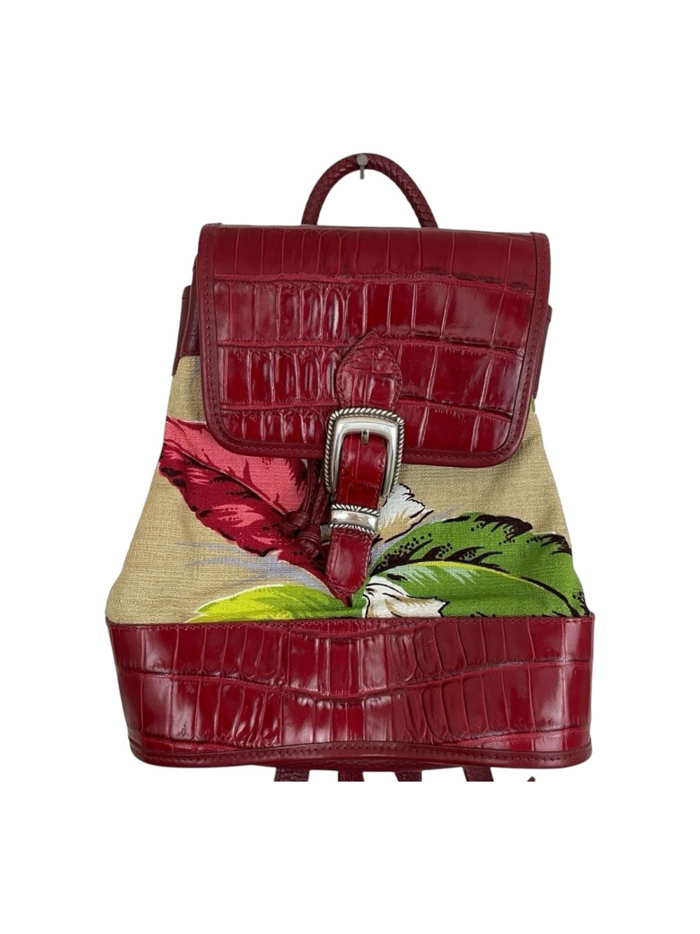 VTG Brighton Monica Red Embossed Leather Backpack Tropical Leaf Bag Purse